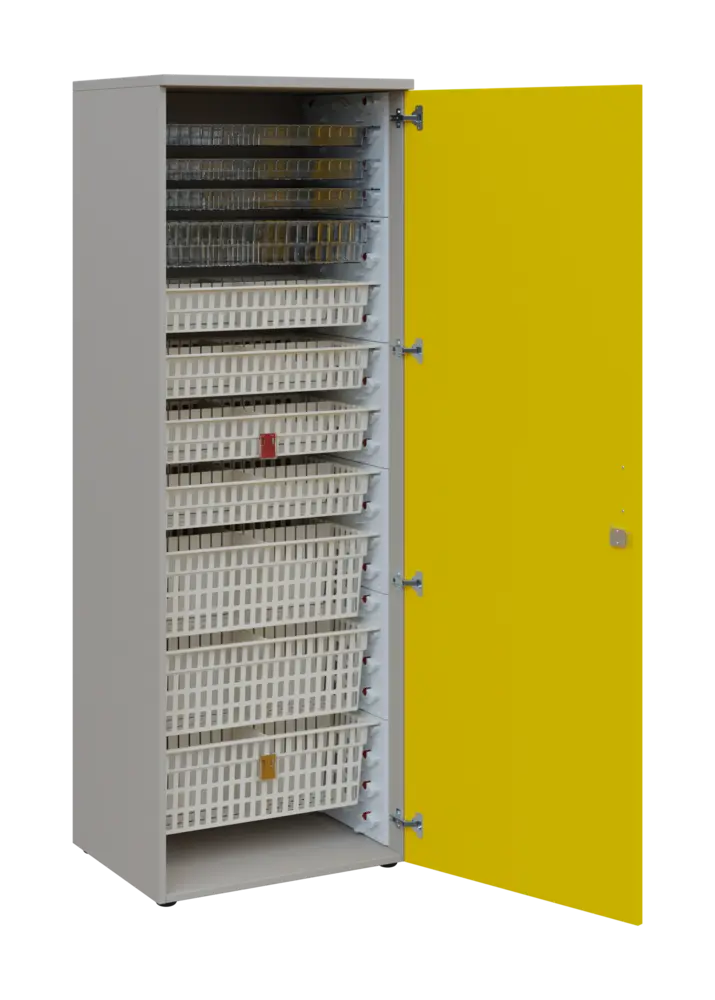 EUROMEDICA D - 66 skříň léková boxová, 1-dveřová, pravá, 1950x660x535, korpus šedý, dvířka žlutá odio